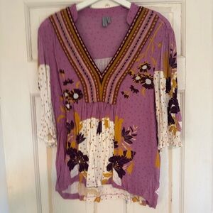 Anthropologie Purple Floral V-Neck Blouse